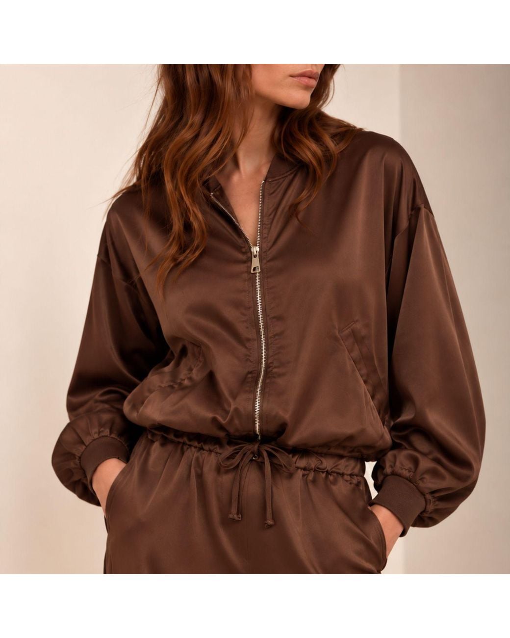Luella Fashion Brown Satin Bomber Jacket Chocolate