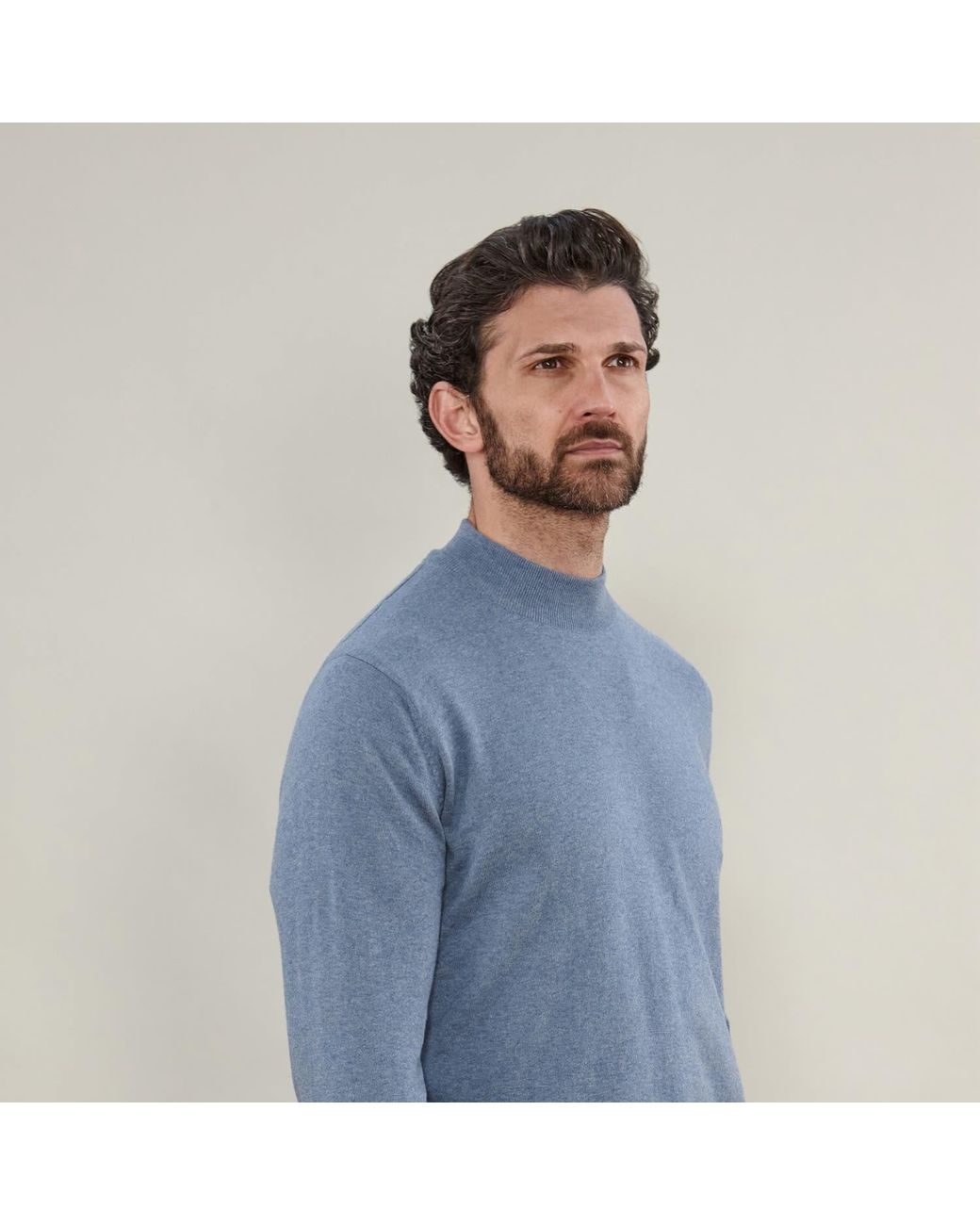 Paul James Knitwear Blue Ultra Fine Cotton Mock Turtle Neck Spencer Jumper for men