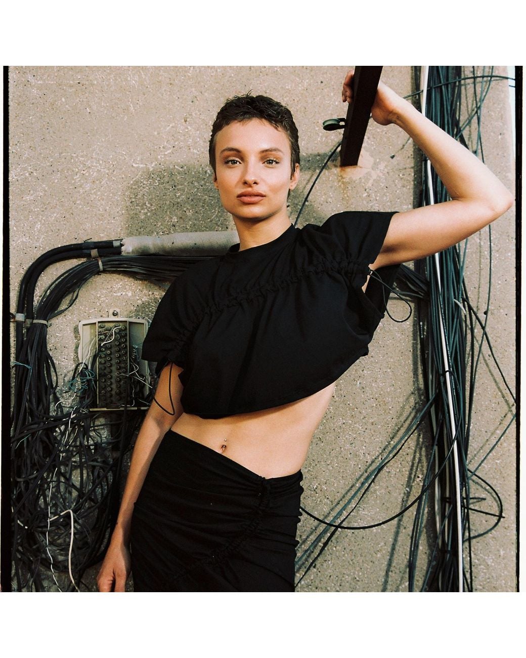Audrey Vallens Black Spades 2 Gathered Detail Crop Tee
