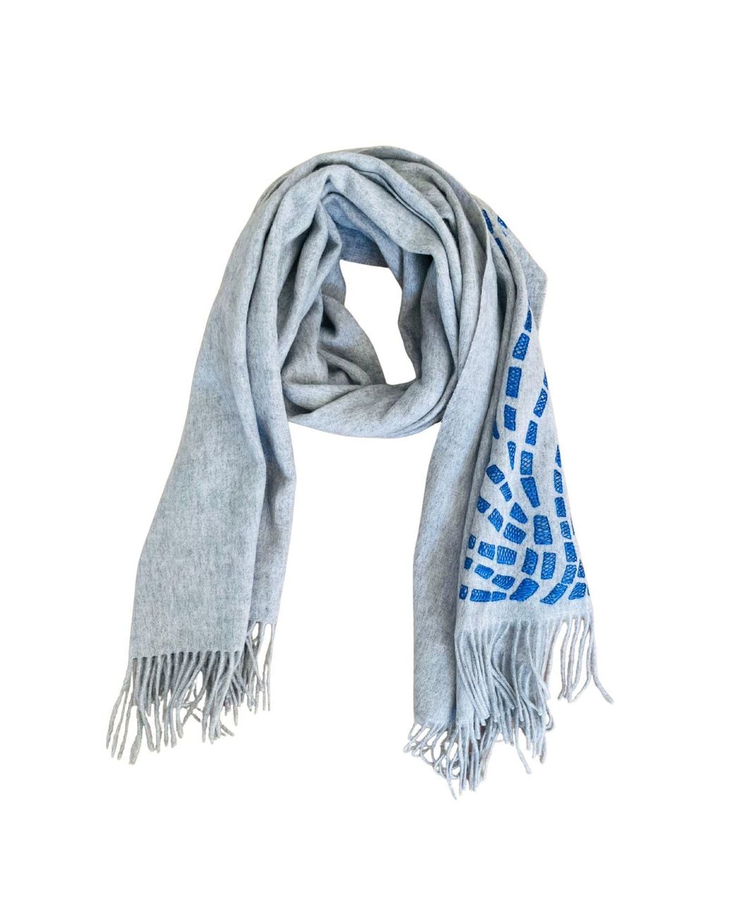 Heritagemoda Blue Neutrals Wool Scarf With Hand-Embroidered Peacock Feather Motif