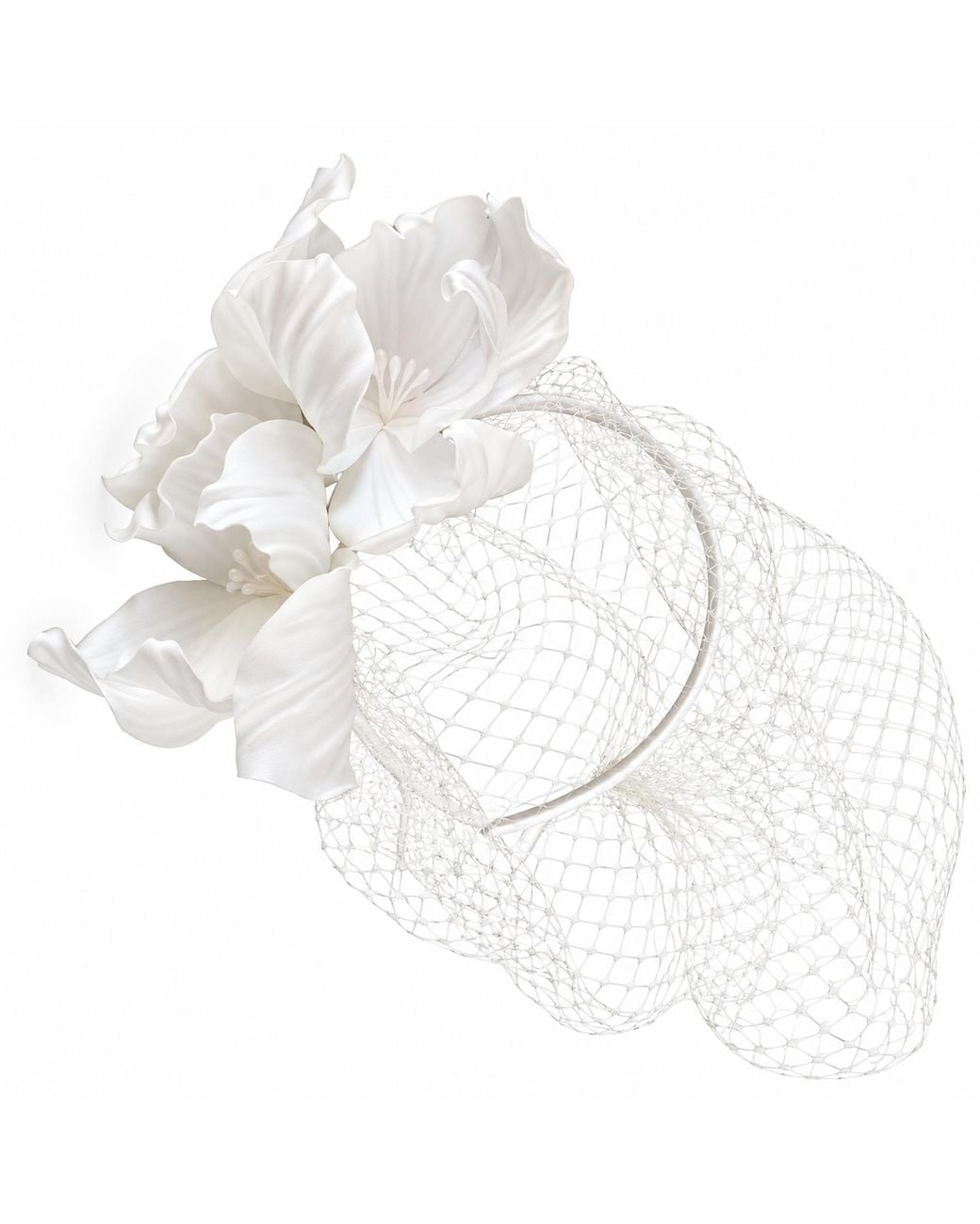 Yeva Sebastia White Satin Bridal Headband With Veil