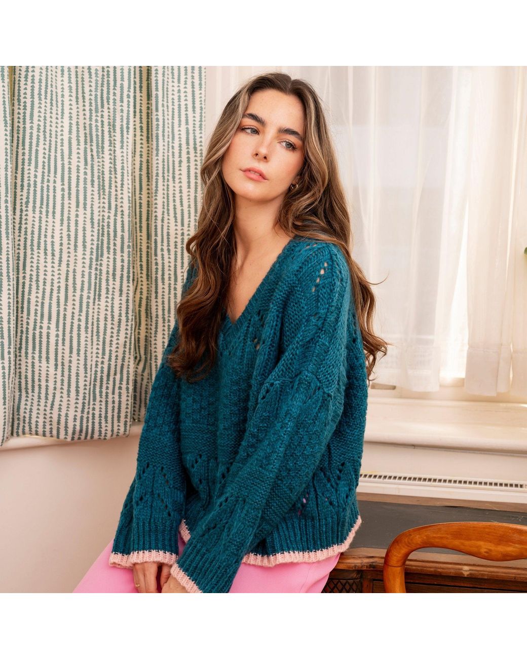 Cara & The Sky Blue Zoe Pointelle V Neck Wide Sleeve Jumper