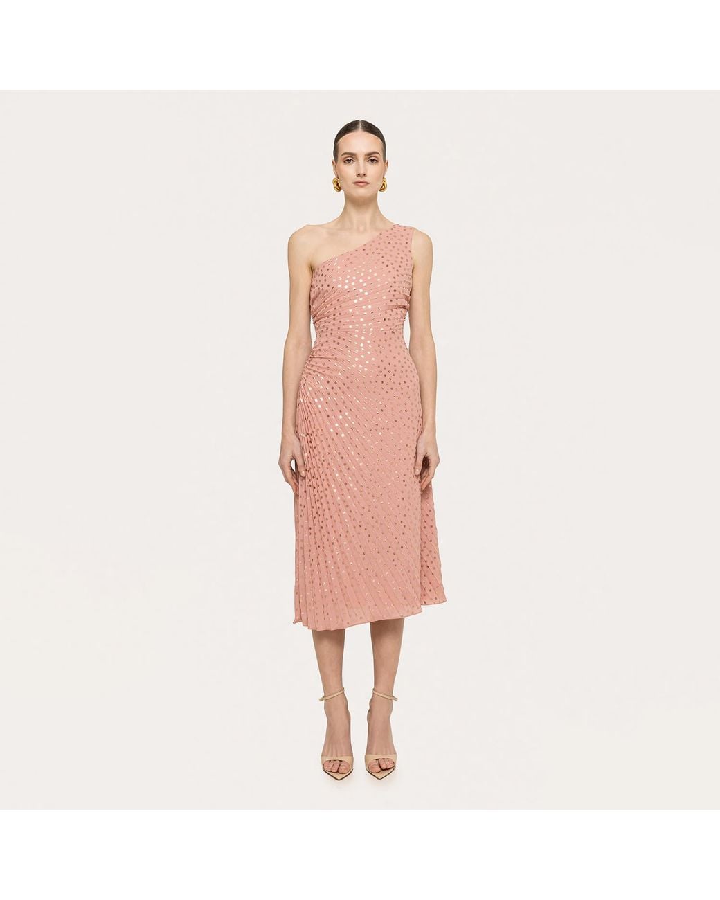 Nissa Pink Metallic Dot Pleated Midi Dress
