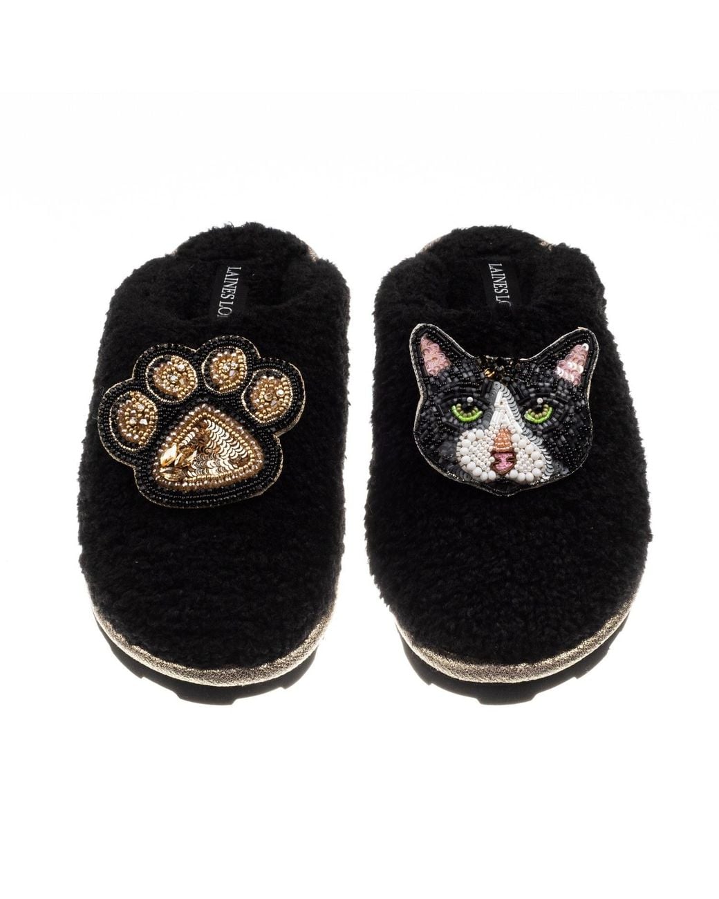 Laines London Black Teddy Closed Toe Slippers With Oreo Cat & Paw Brooches