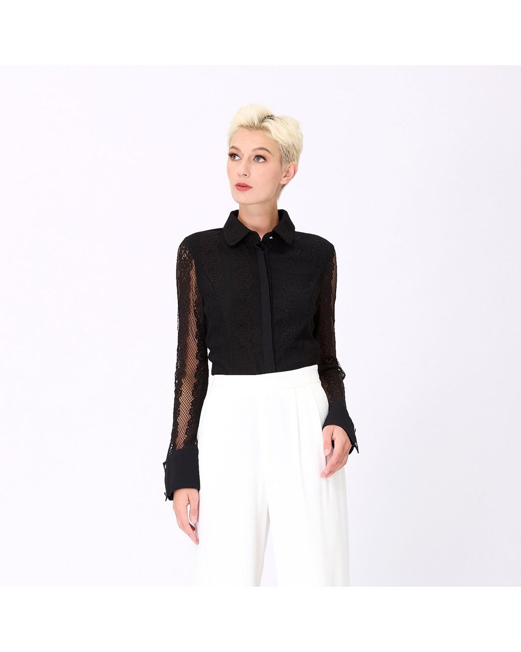 Smart and Joy Blue Fitted Long Sleeves Lace Shirt
