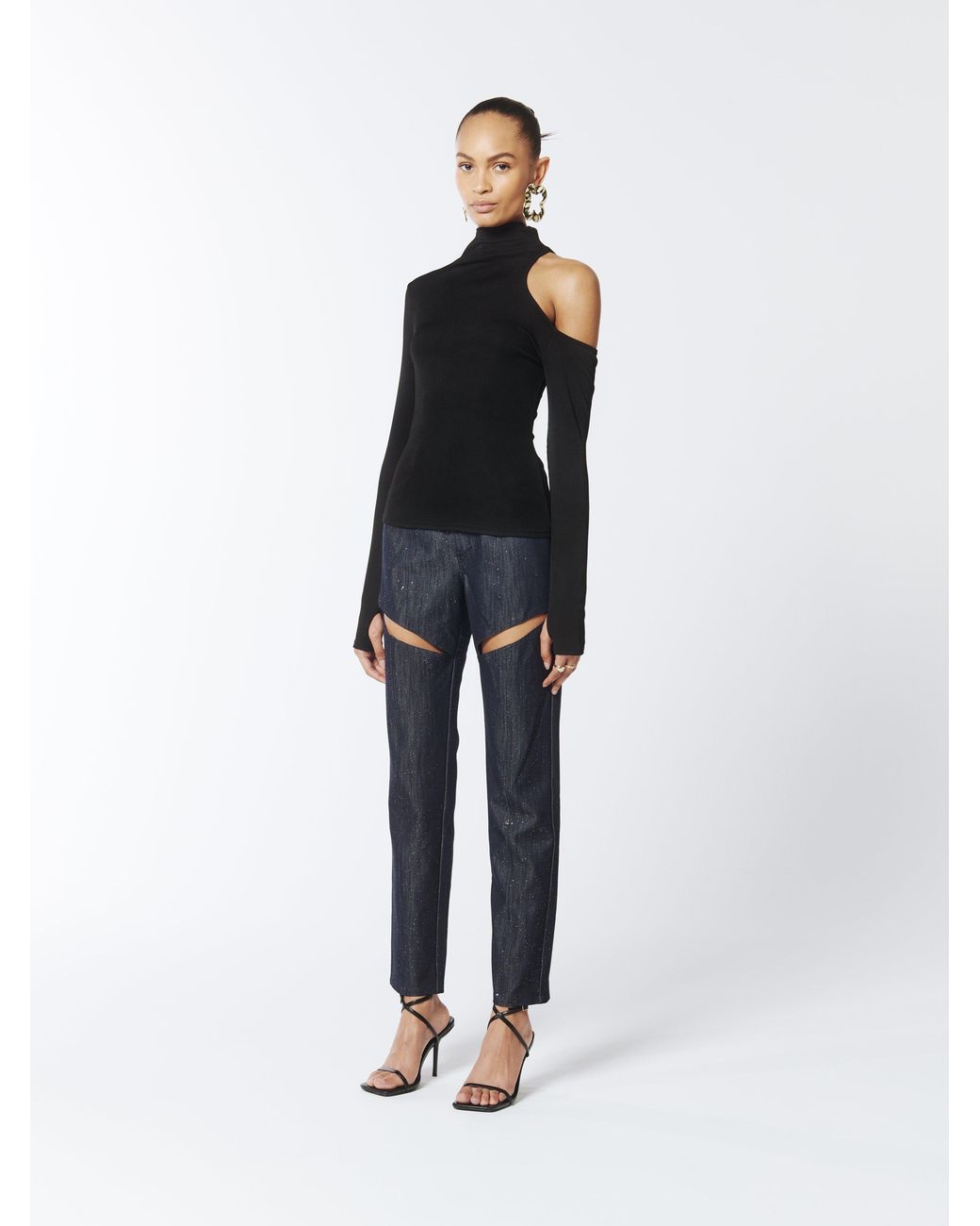 Sour Figs Black Asymmetric One-Shoulder Cutout Turtleneck Knit Top