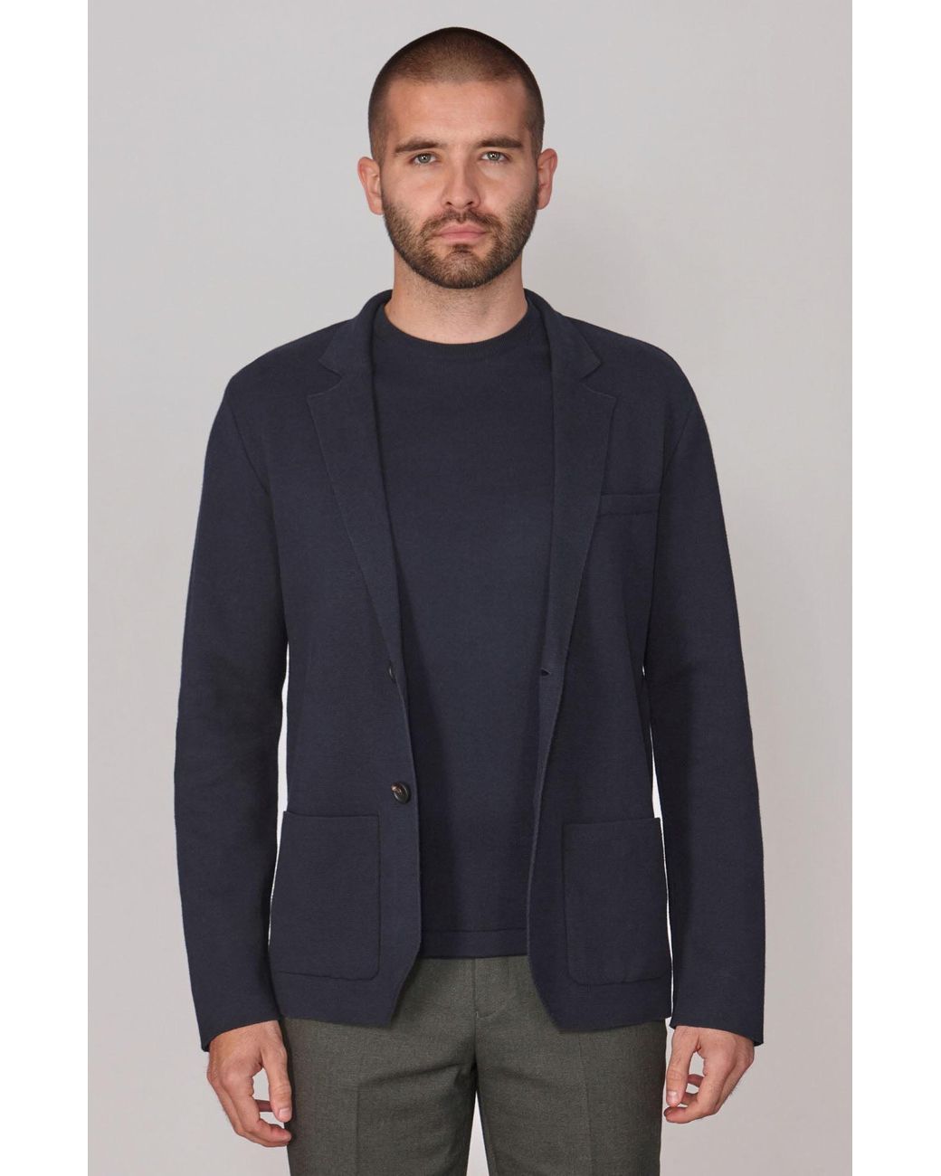 Paul James Knitwear Blue Lightweight Cotton Cornelius Formal Knitted Blazer for men
