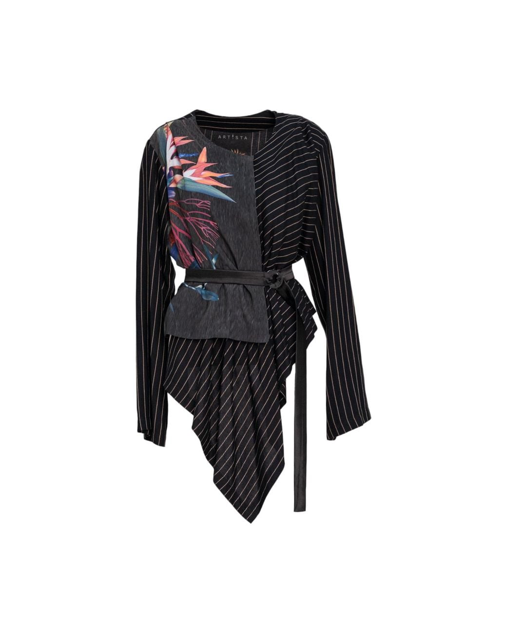 ARTISTA Black Viscose Asymmetric Floral Printed Kimono Blouse