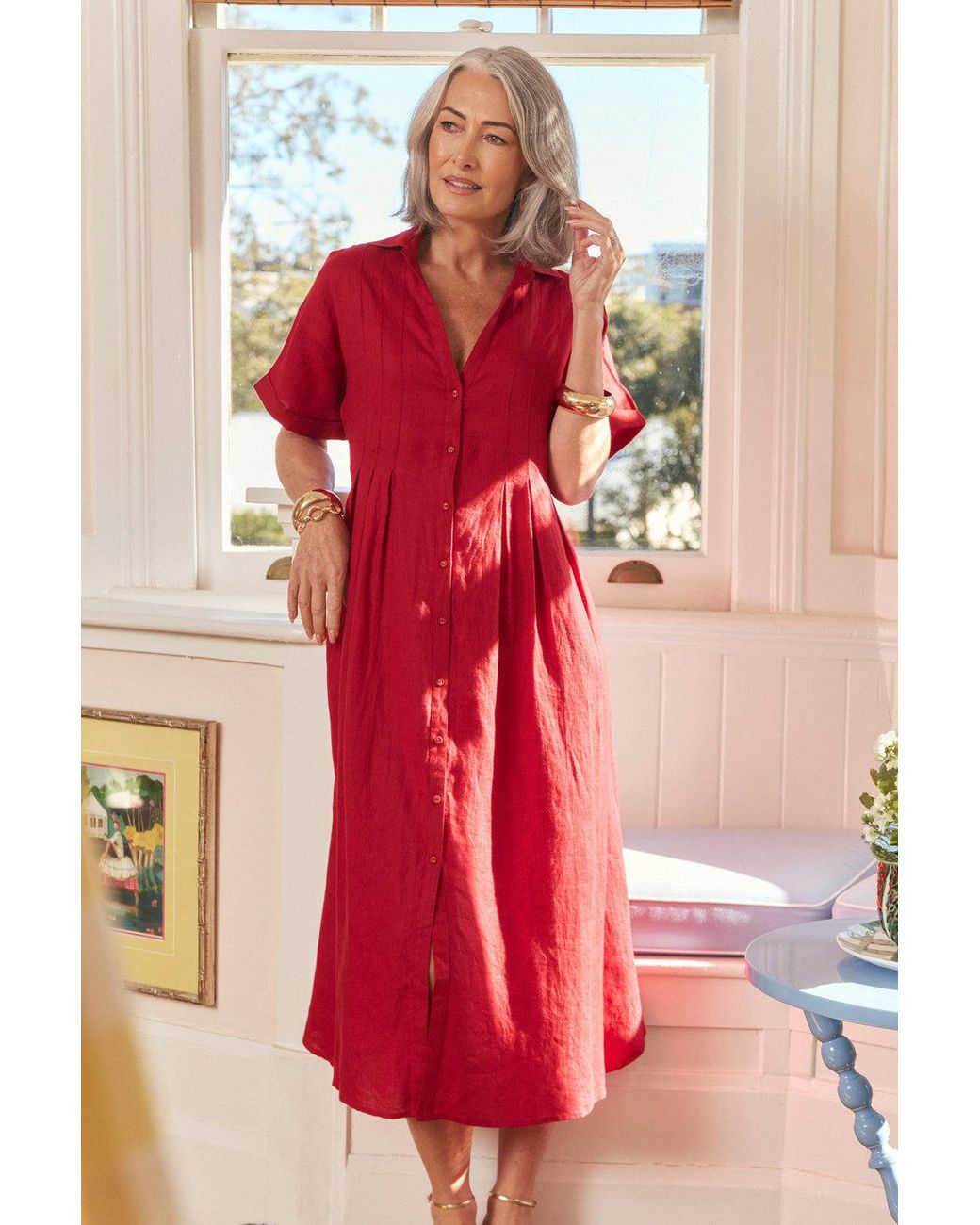 Adrift Clothing Red Bridget Linen Pleated Dress
