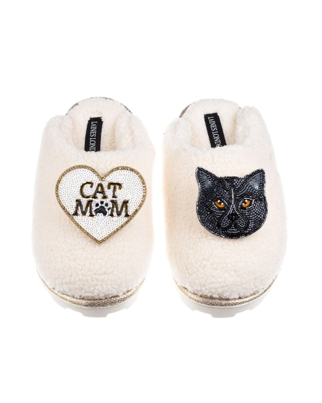 Laines London Metallic Neutrals Teddy Closed Toe Slippers With Cat Mum/Mom & British Shorthair Brooches
