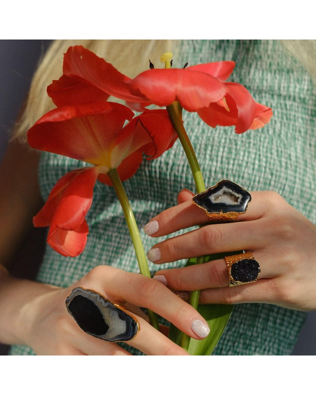 YAA YAA LONDON Black Mega Gemstone Gold Statement Ring