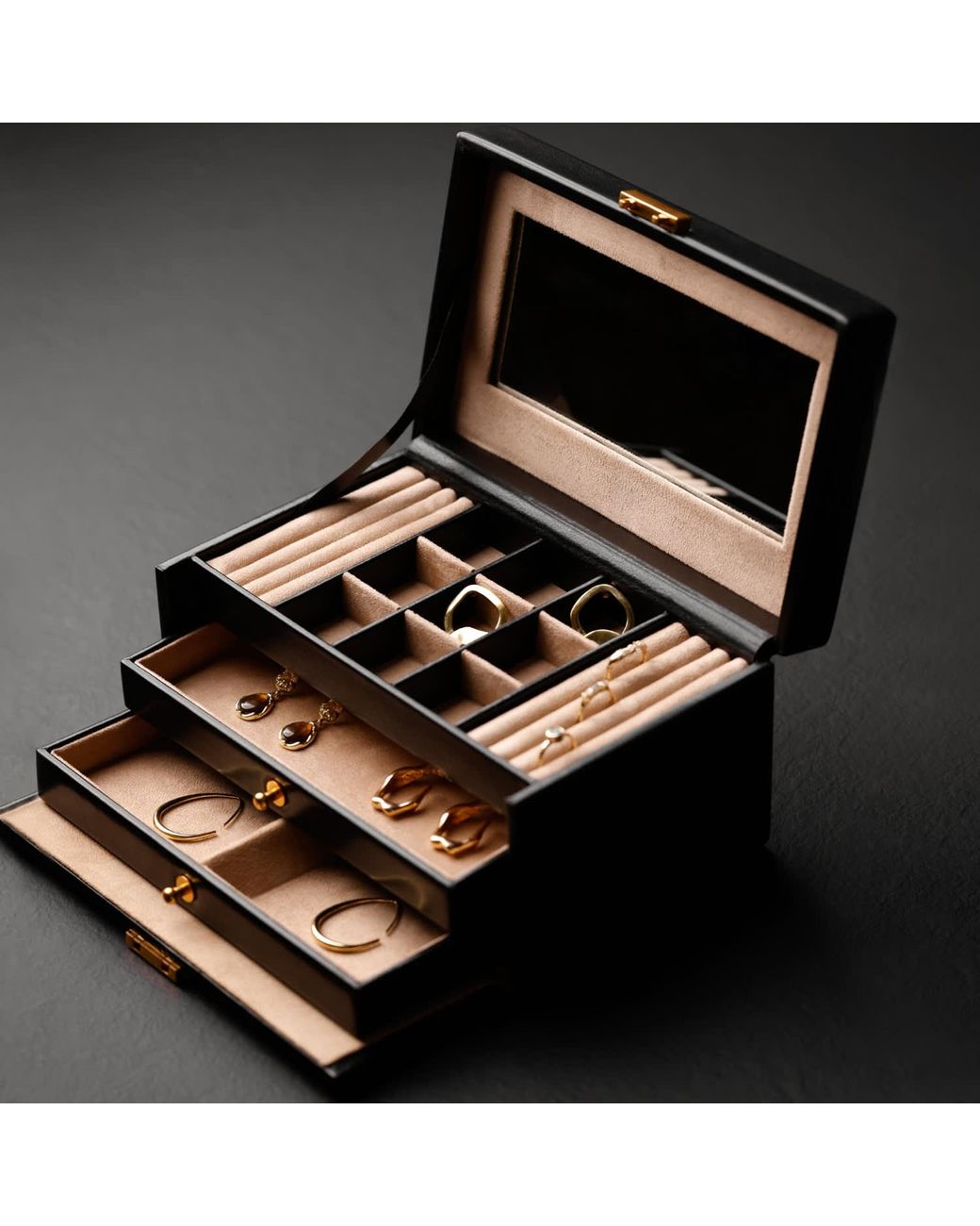 Time Resistance Black Leather Jewelry Box For