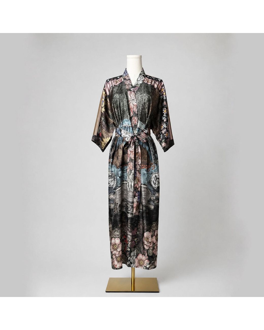 Wenzi Purple Return To Silence Double Sided Mulberry Silk Kimono Robe Reversible Luxury Floral Bear Bird Print Long Robe
