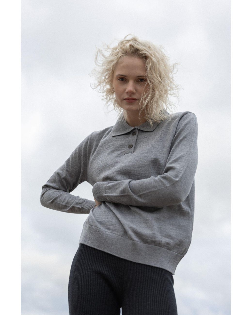 SALANIDA Gray Galante 100% Merino Polo Top Light