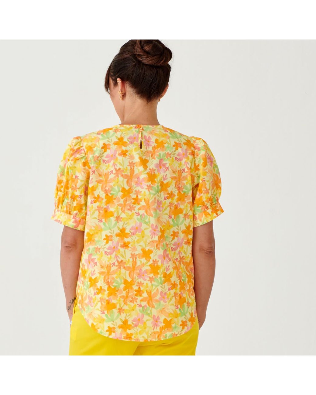 Perlavera Yellow Daniel Cotton Peach Strings Printed Puff Sleeve Shirt With Eyelets
