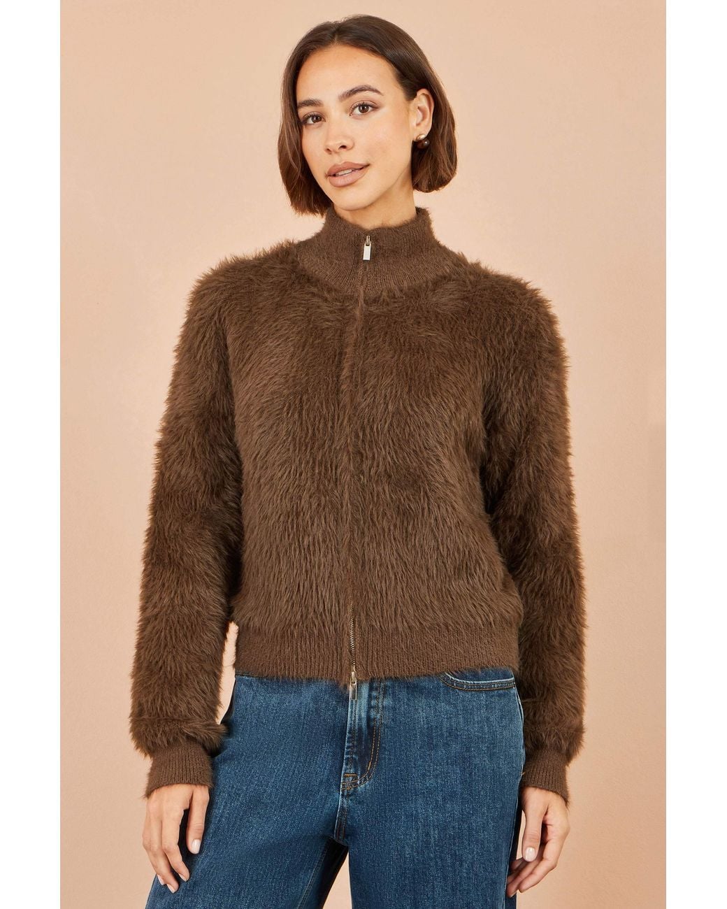 Yumi' Brown Eyelash Zip Knitted Jacket