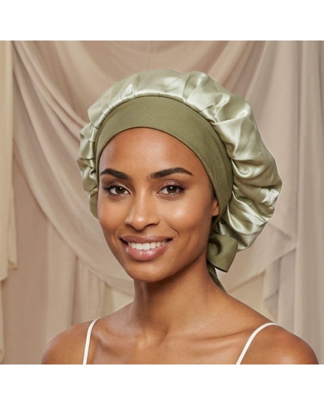 Hi Silk Green Patterned Adjustable And Reversible Mulberry Silk Bonnet With Silk Twill Tie