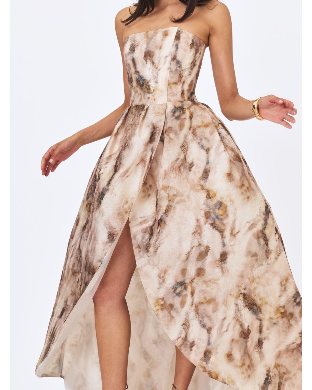 Miss Circle New York Natural Neutrals Micaela Camel Watercolor Jacquard Chiffon Dipped Hem Gown