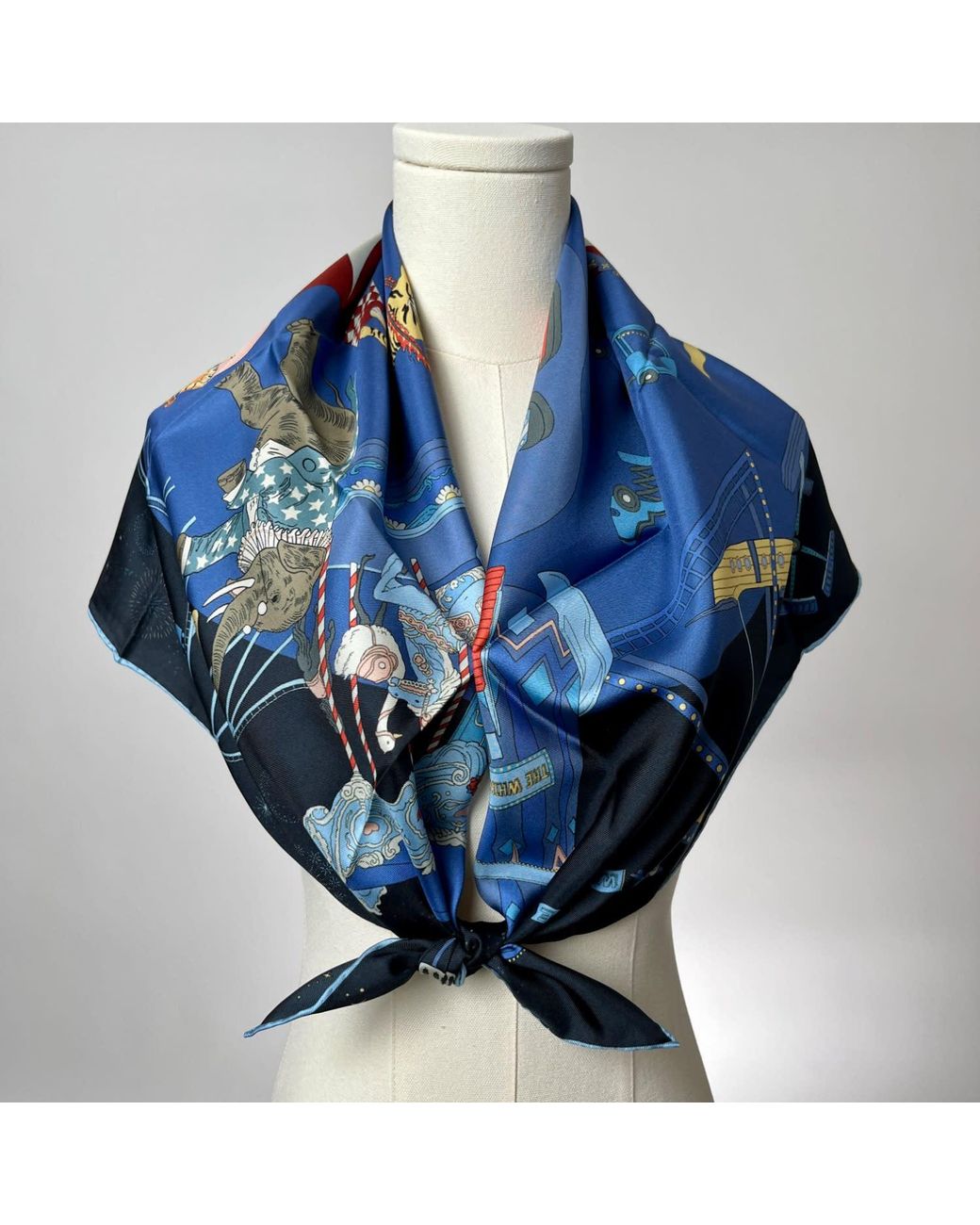 Wenzi Blue Carnival Wonderland Hand Painted Pattern Double Sided Silk Twill Scarf