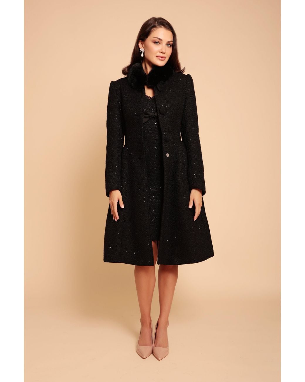 Santinni Black Starlet Wool Tweed Dress Coat With Faux Fur
