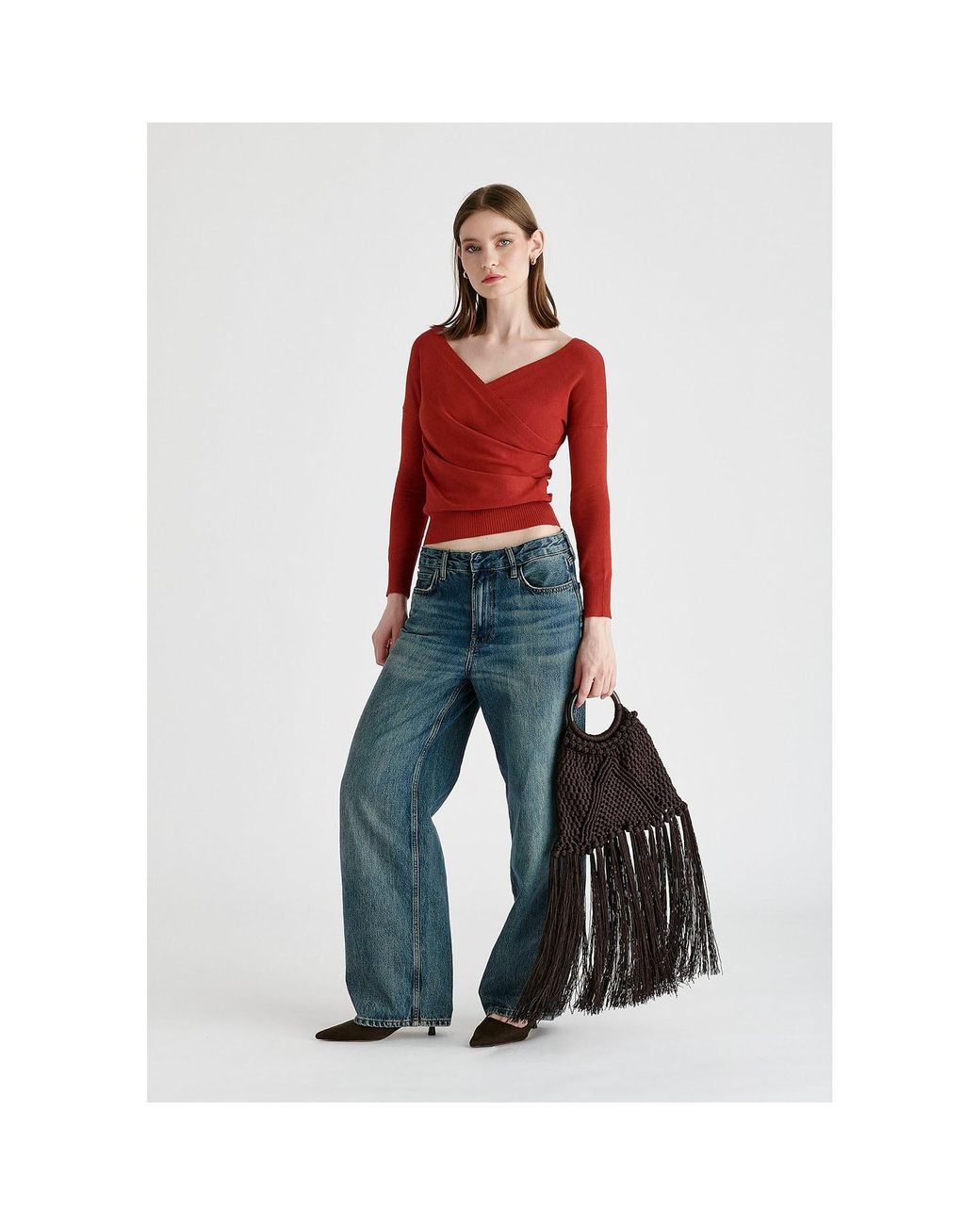 Paisie Red Knitted Wrap Top With Long Sleeves