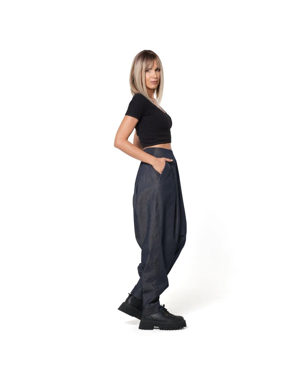 Metamorph Blue Drop Crotch Denim Trousers With Pleats And Elastic Waist