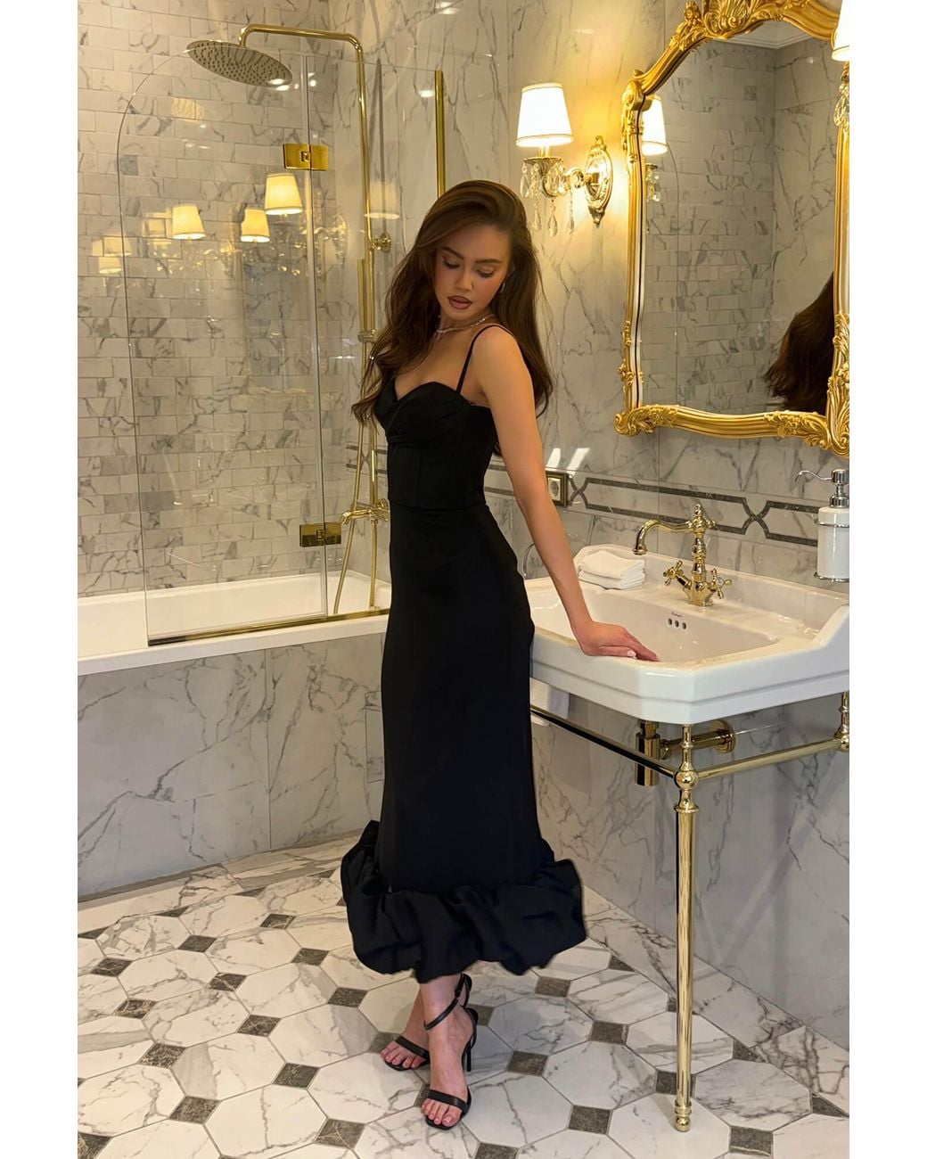 POST MERIDIEM Black Draped Bodice Bottom Flounced Bustier Dress