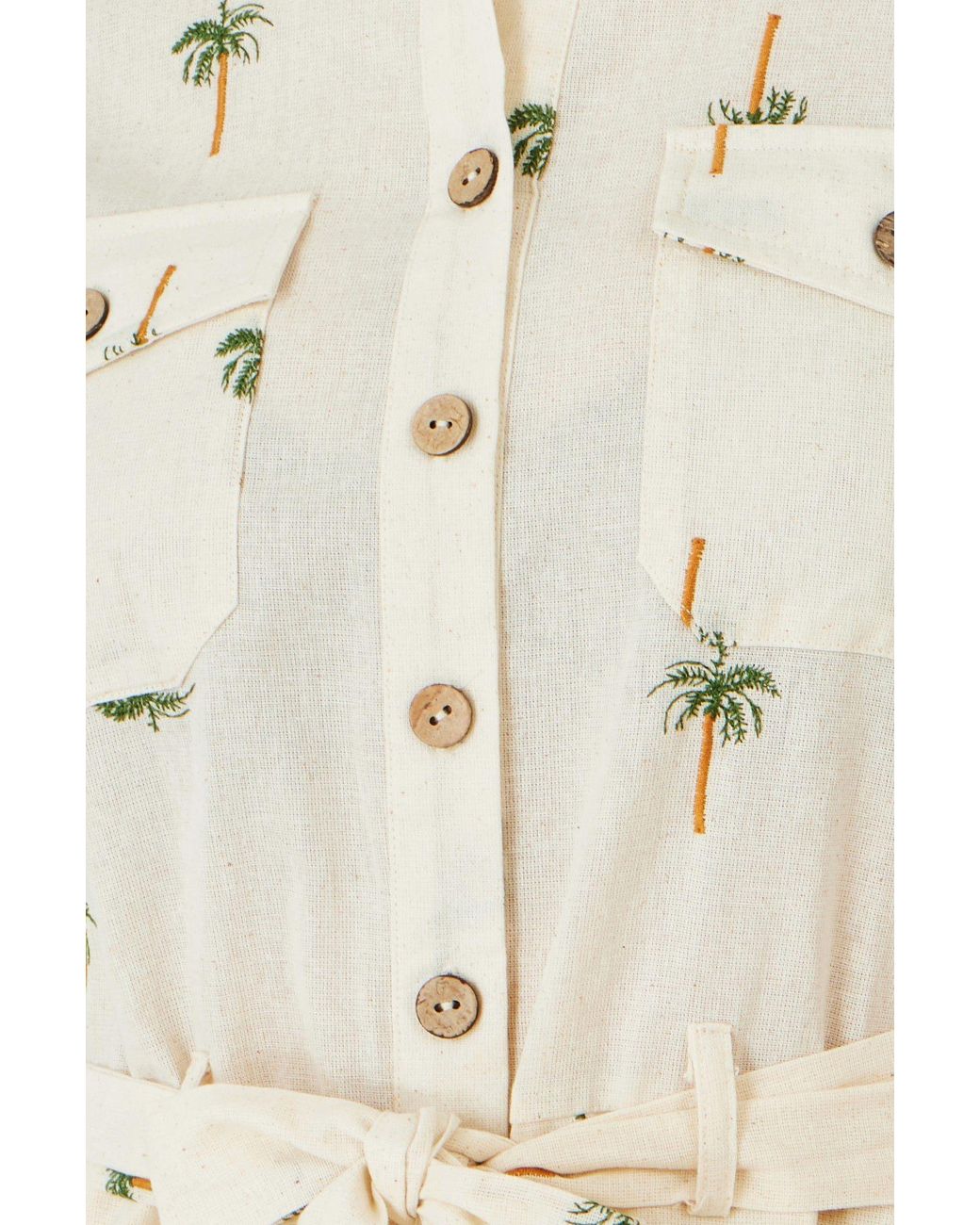 Yumi' Natural Embroidered Palm Print Cotton Playsuit