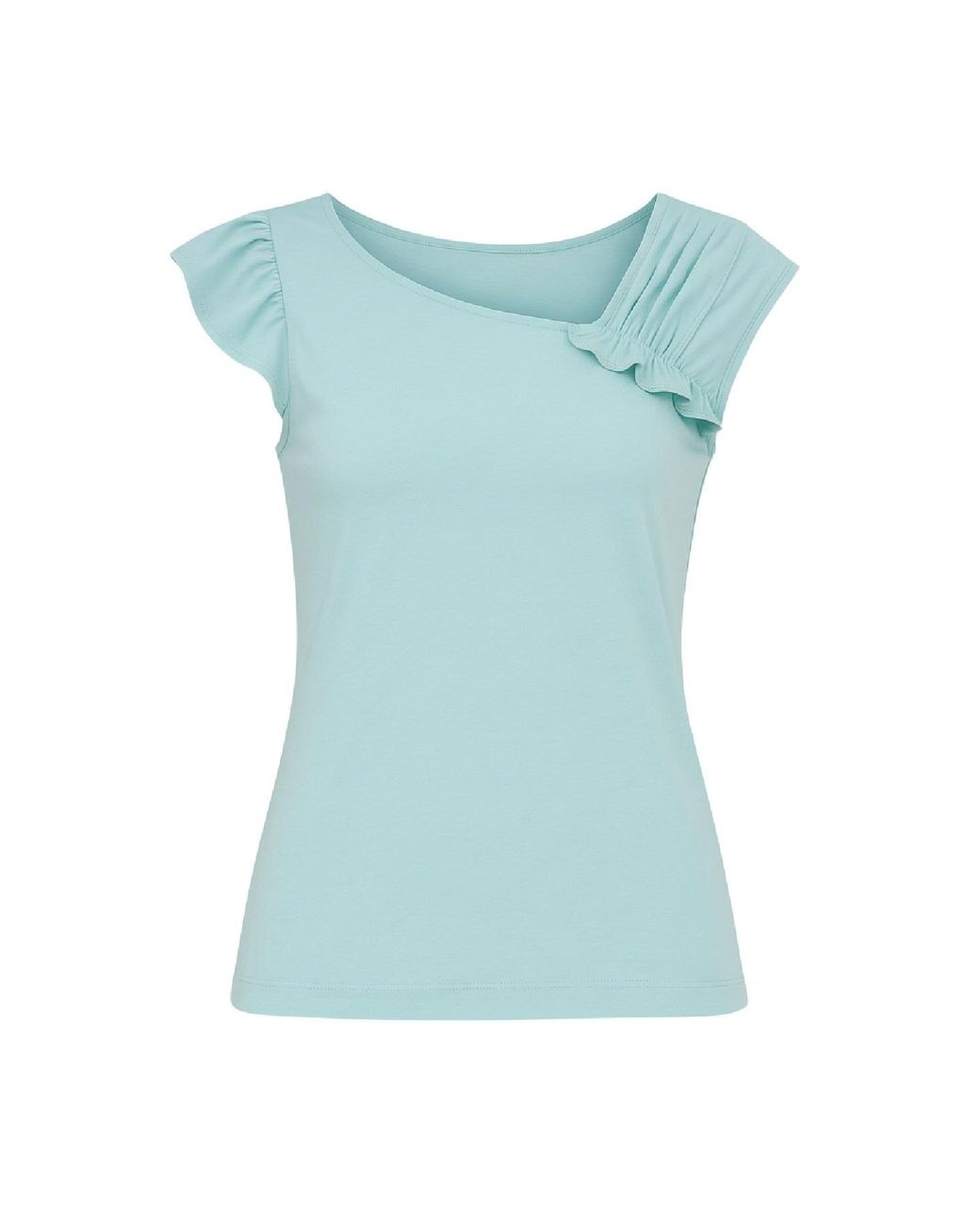 Conquista Blue Asymmetric Ruffle Sleeve Jersey Top – Aqua