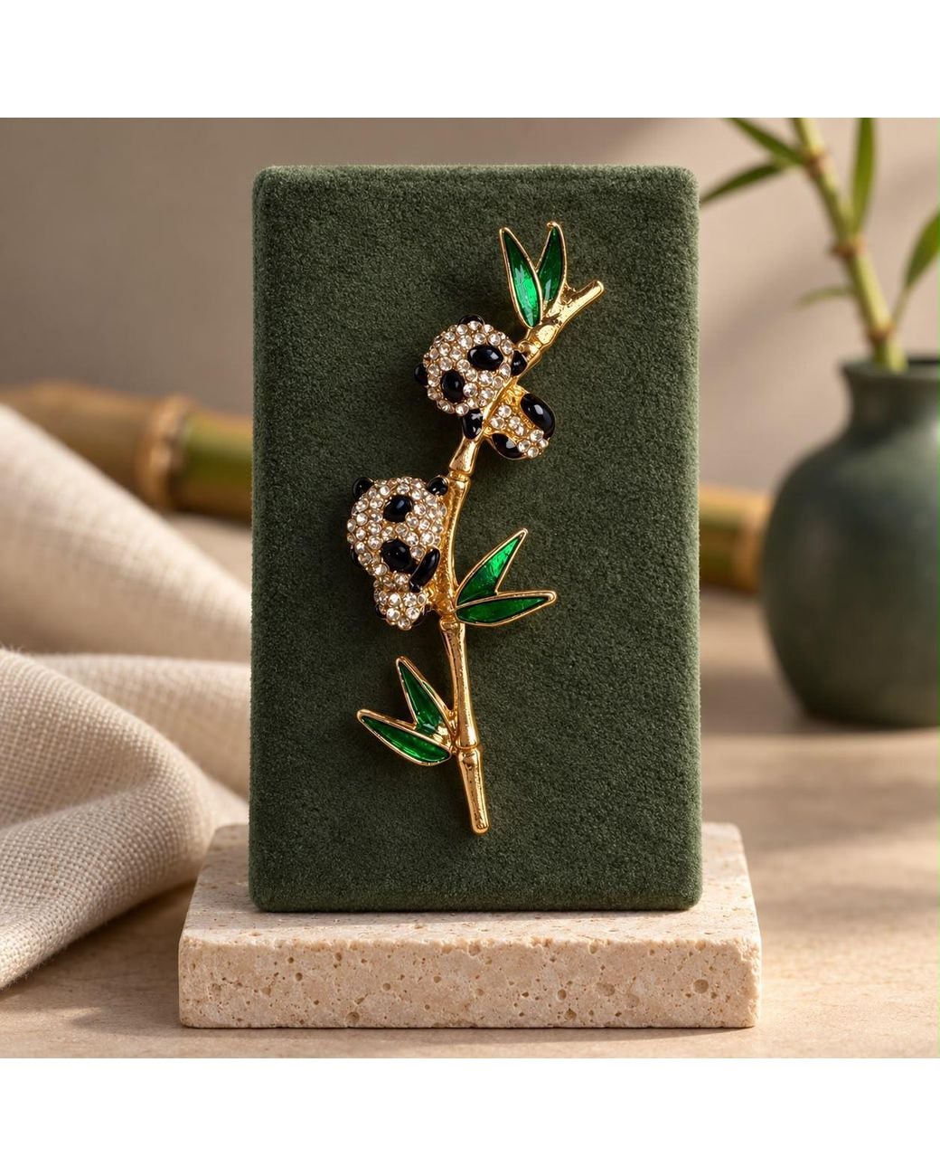By Ozge Green Gentle Harmony Zircon Panda & Bamboo Plated Brass Statement Brooch