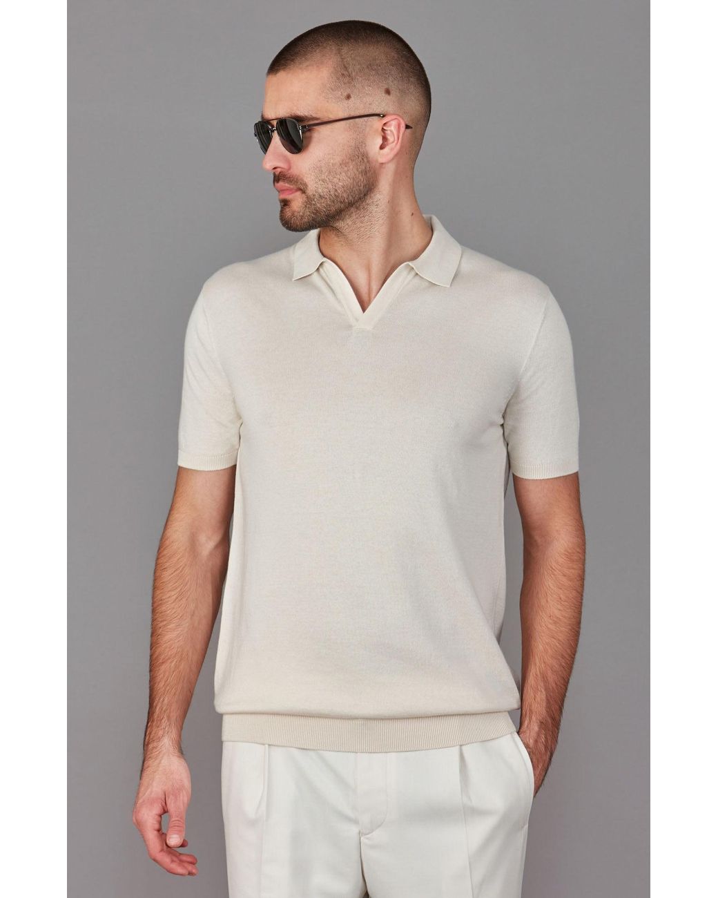 Paul James Knitwear White Neutrals Ultra Fine Cotton Nathann Buttonless Polo Shirt for men