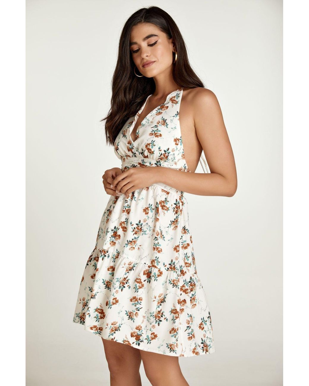 Conquista White Neutrals Ecru Floral Empire Line Mini Dress