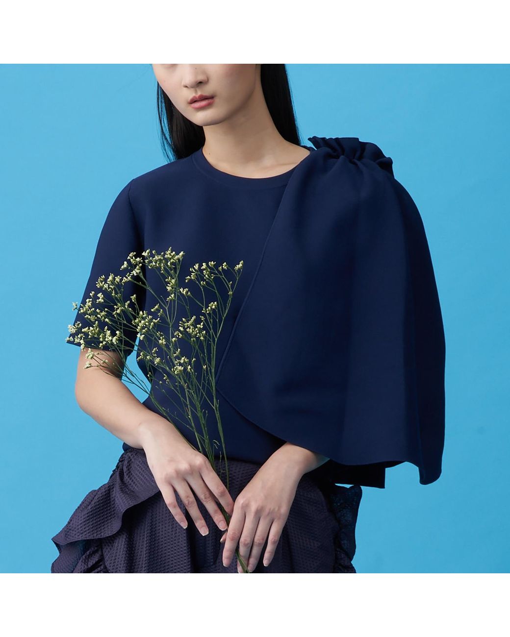 Arto. Blue Ruffles Panel Knit Cape Top