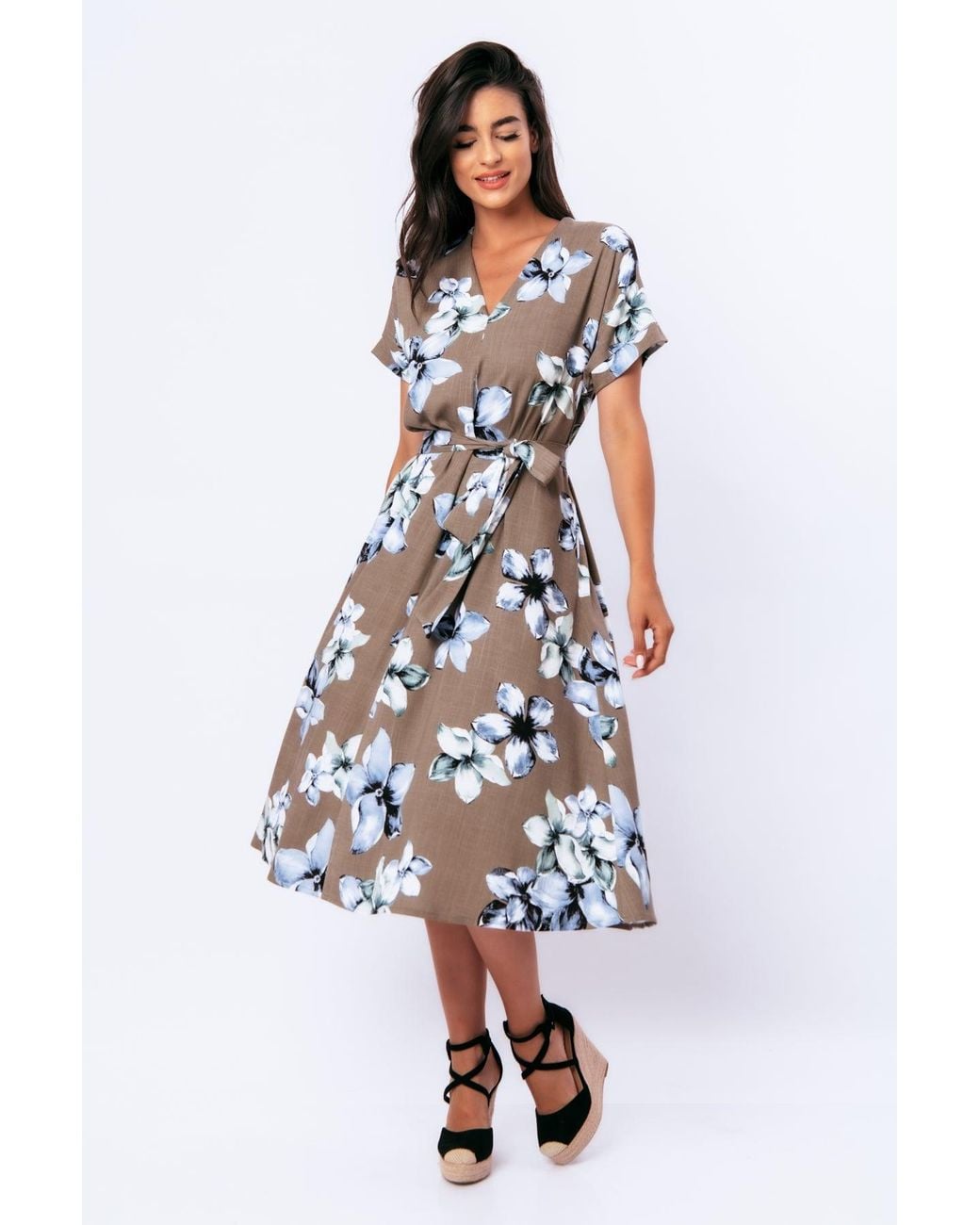 Conquista Blue Linen Style Floral Print Midi Dress With Belt