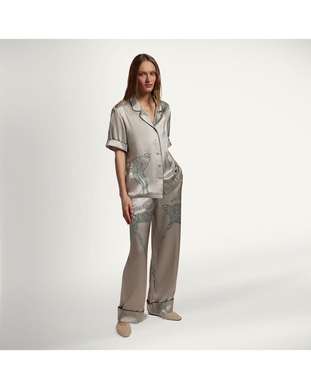 Pola Brand Gray Silk Pajama Set Short-Sleeve