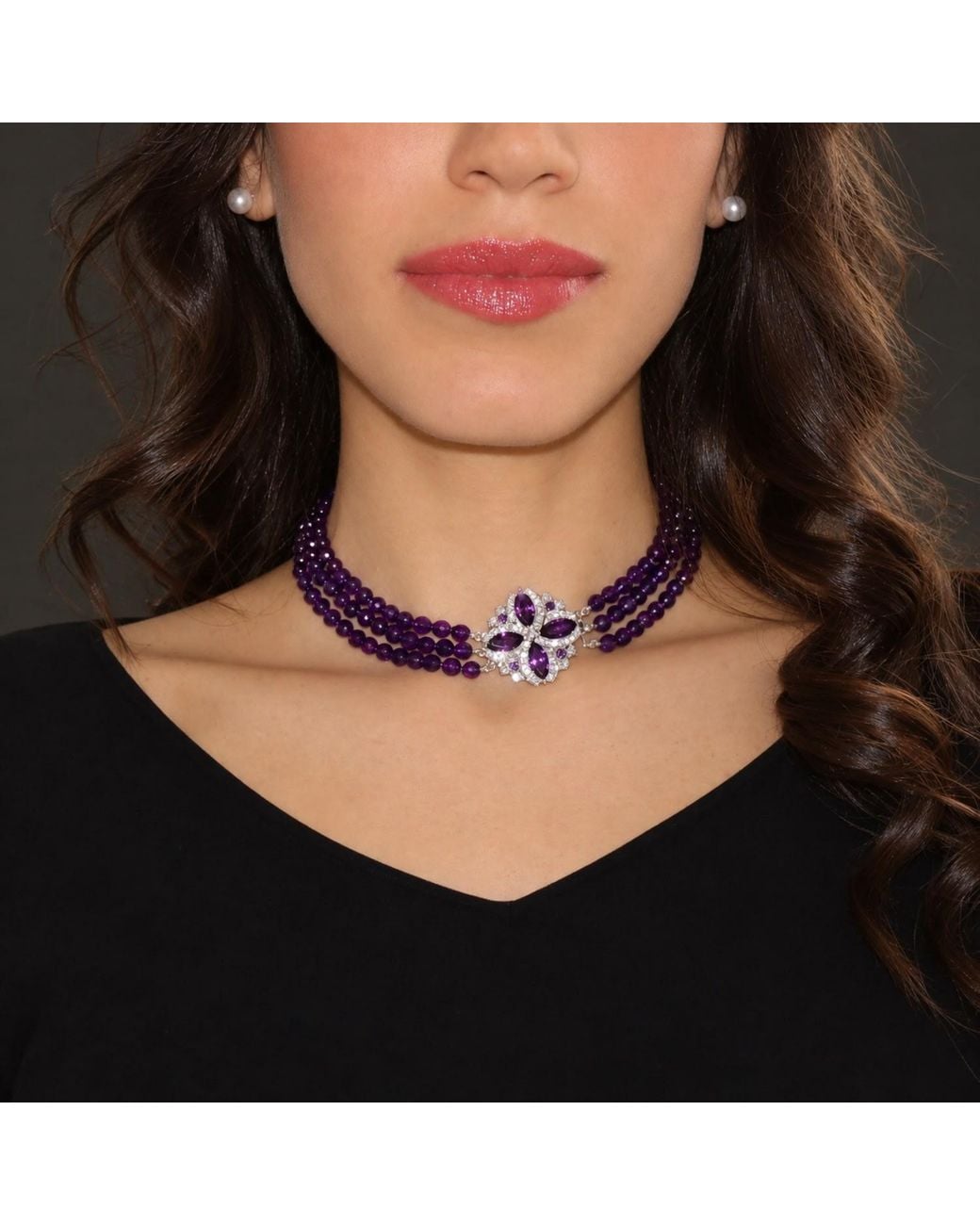 Mineralgems•Studio Purple Three-Strand Amethyst Choker With Front Jewel Clasp