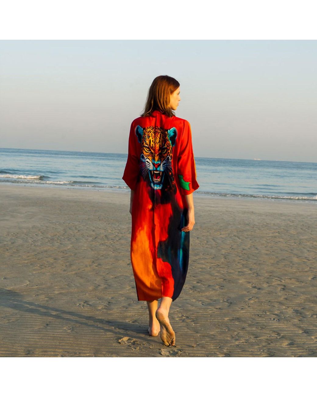DHARA SHETH DUBAI Red Roar Tiger Animal Print Abstract Long Kimono