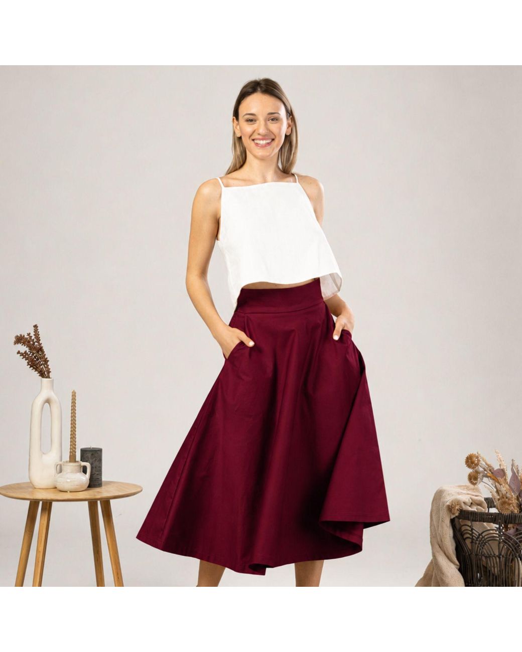 Nikka Place Midi Flared Cotton Skirt With Pockets