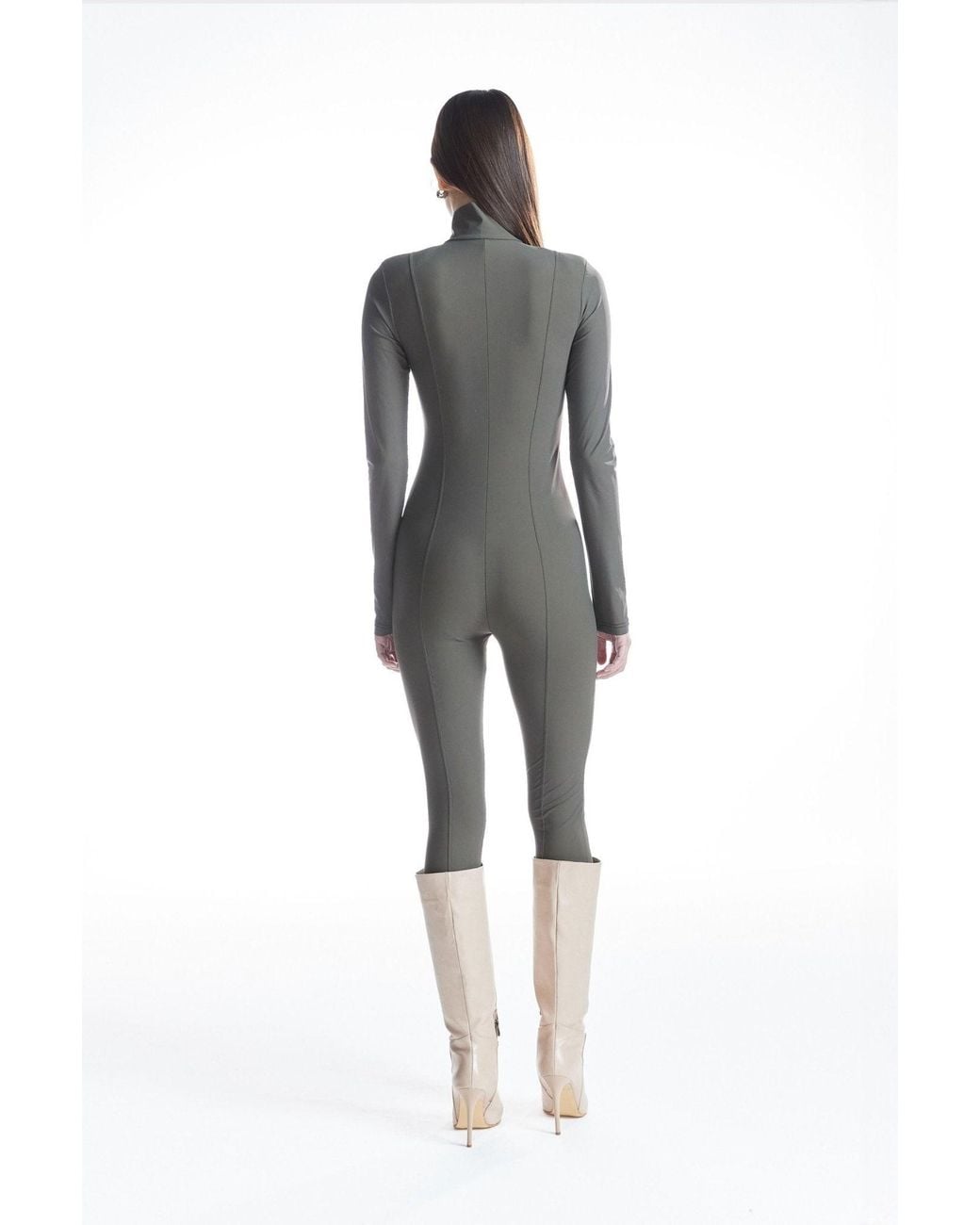 No'design Brown Zip-Up Elastic Hem Khaki Jumpsuit