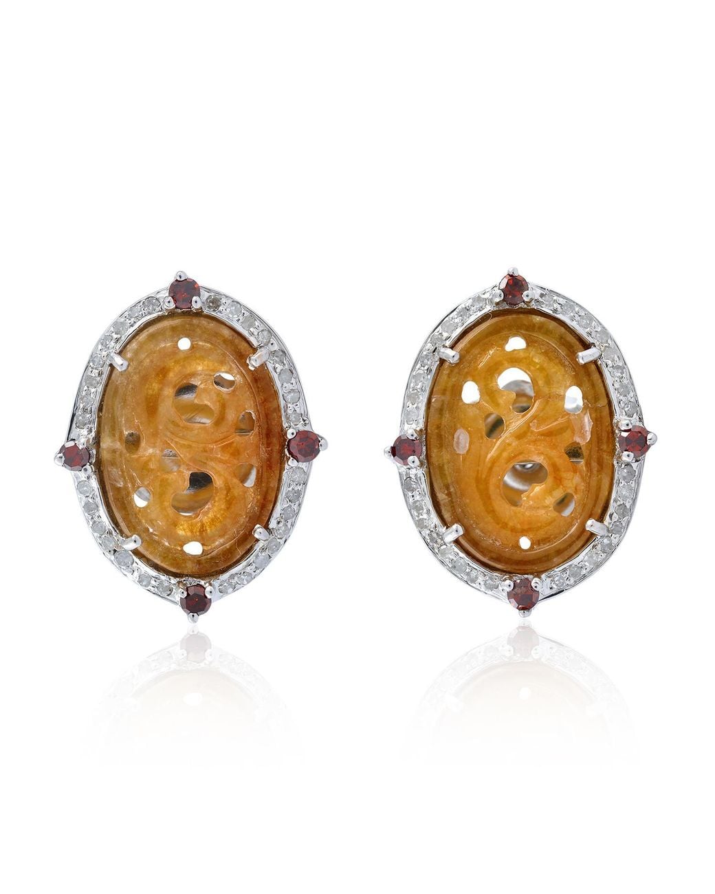 Artisan Metallic 18K & Sterling Carved Jade Diamond Stud Earrings