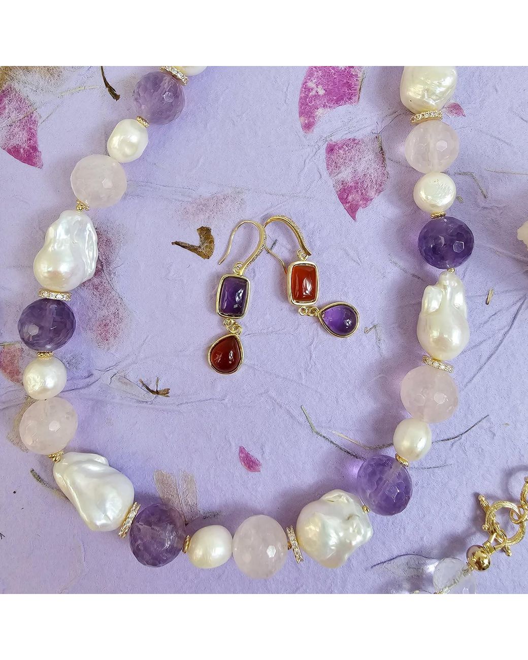 Farra Multicolor Baroque Pearls With Rose Quartz And Amethyst Necklace