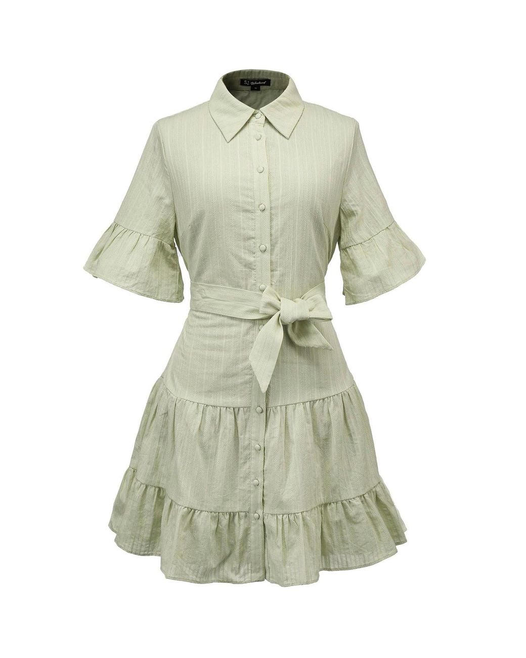 Smart and Joy Green Fit-And-Flare Tiered Ruffles Mini Shirt-Dress