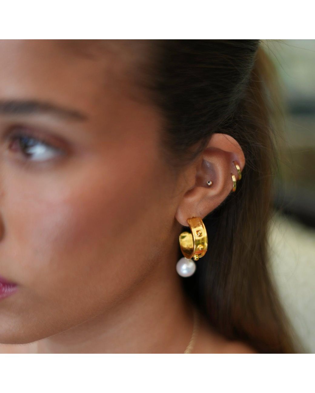 Ebru Jewelry Metallic Pearl Drop Gold Hoop Earrings