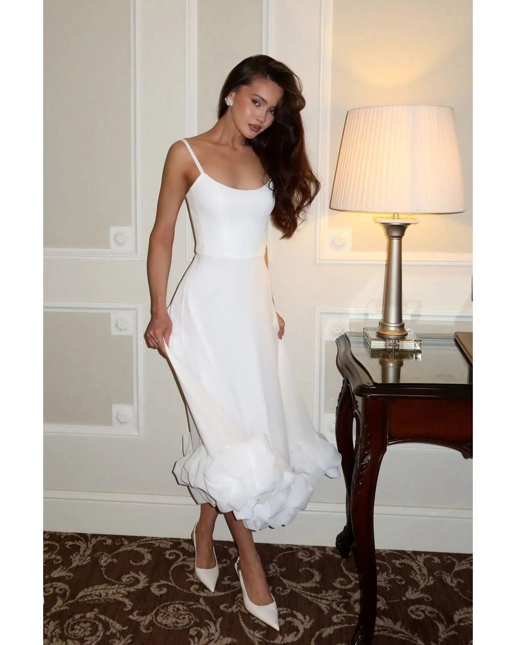 POST MERIDIEM White Milk Flounce Bustier Midi Dress