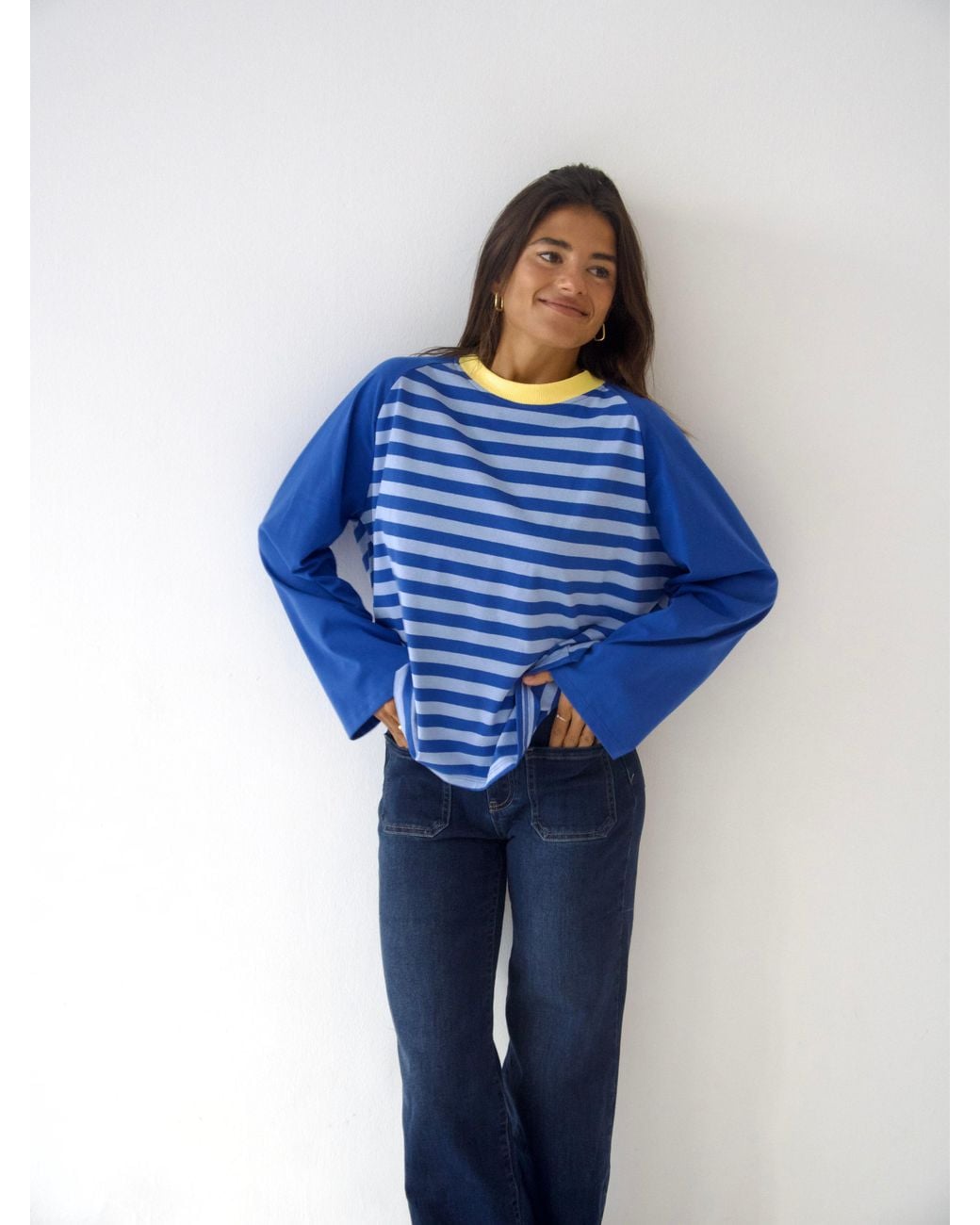Mind Traveler Blue Striped Raglan Long Sleeve Carla Top With Contrast Neck