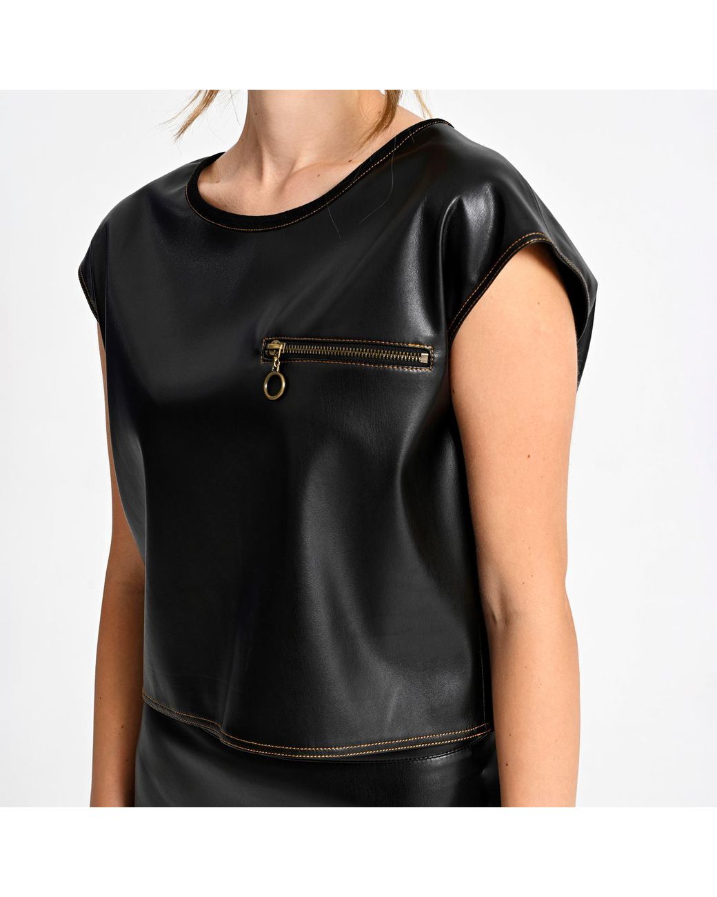 Lalipop Design Black Sleeveless Blouse With Vegan Leather Finish & Zipper Detail