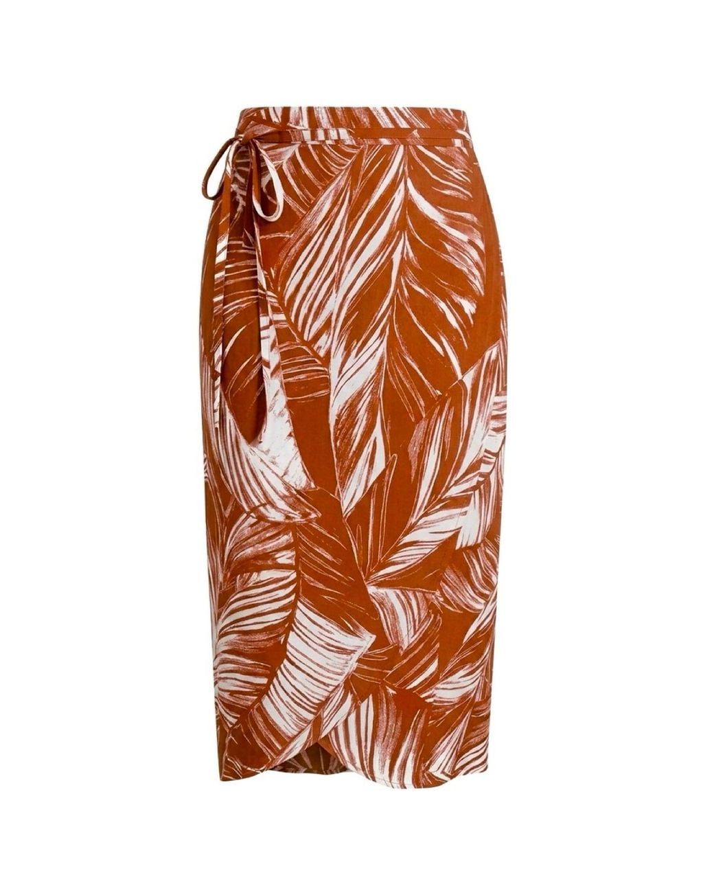 Imaatu Orange Drape Tropical Print Asymmetrical Wrap Midi Skirt Rust
