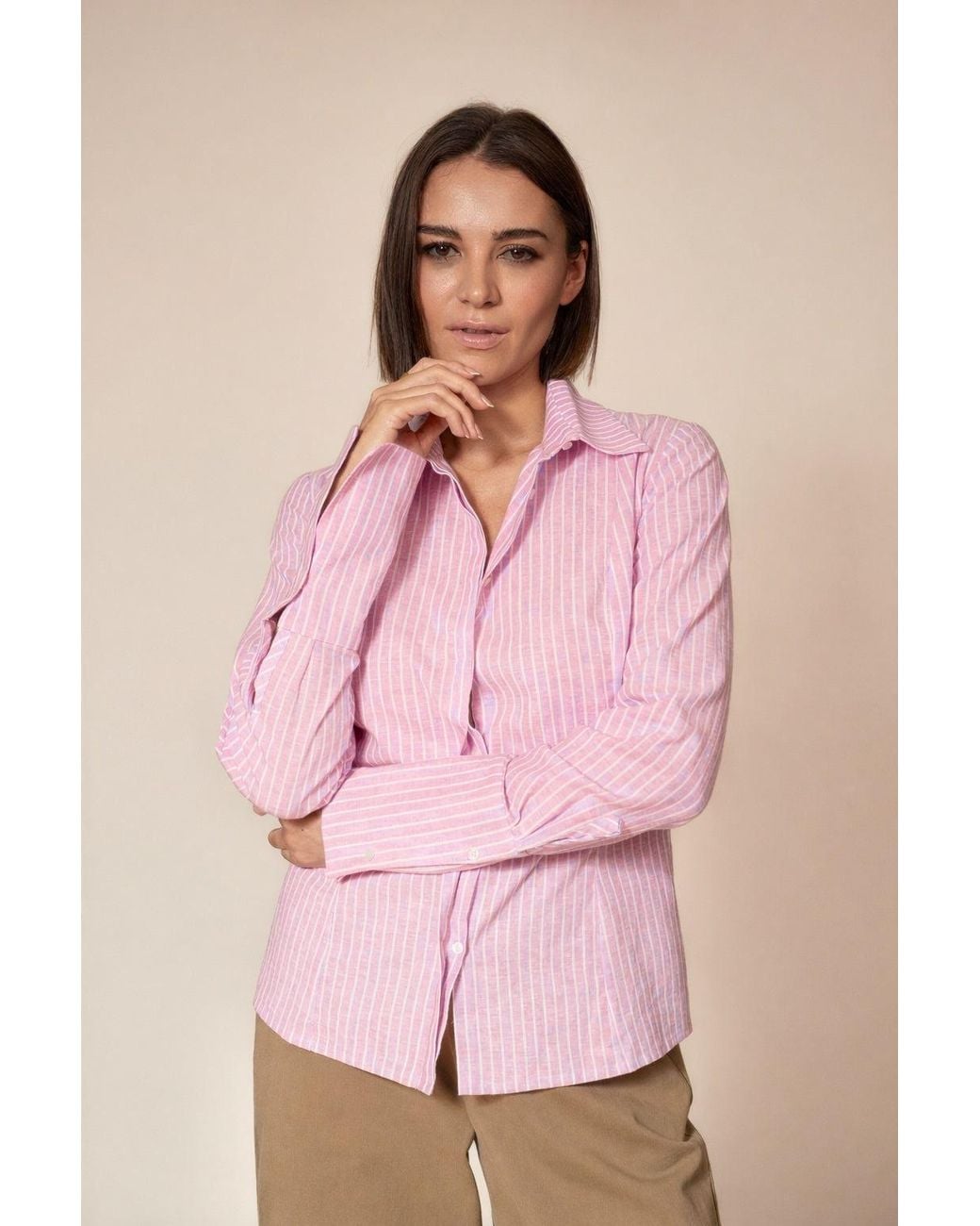 Gunda Hafner Ltd Pink And Striped Linen Cotton Blend Shirt