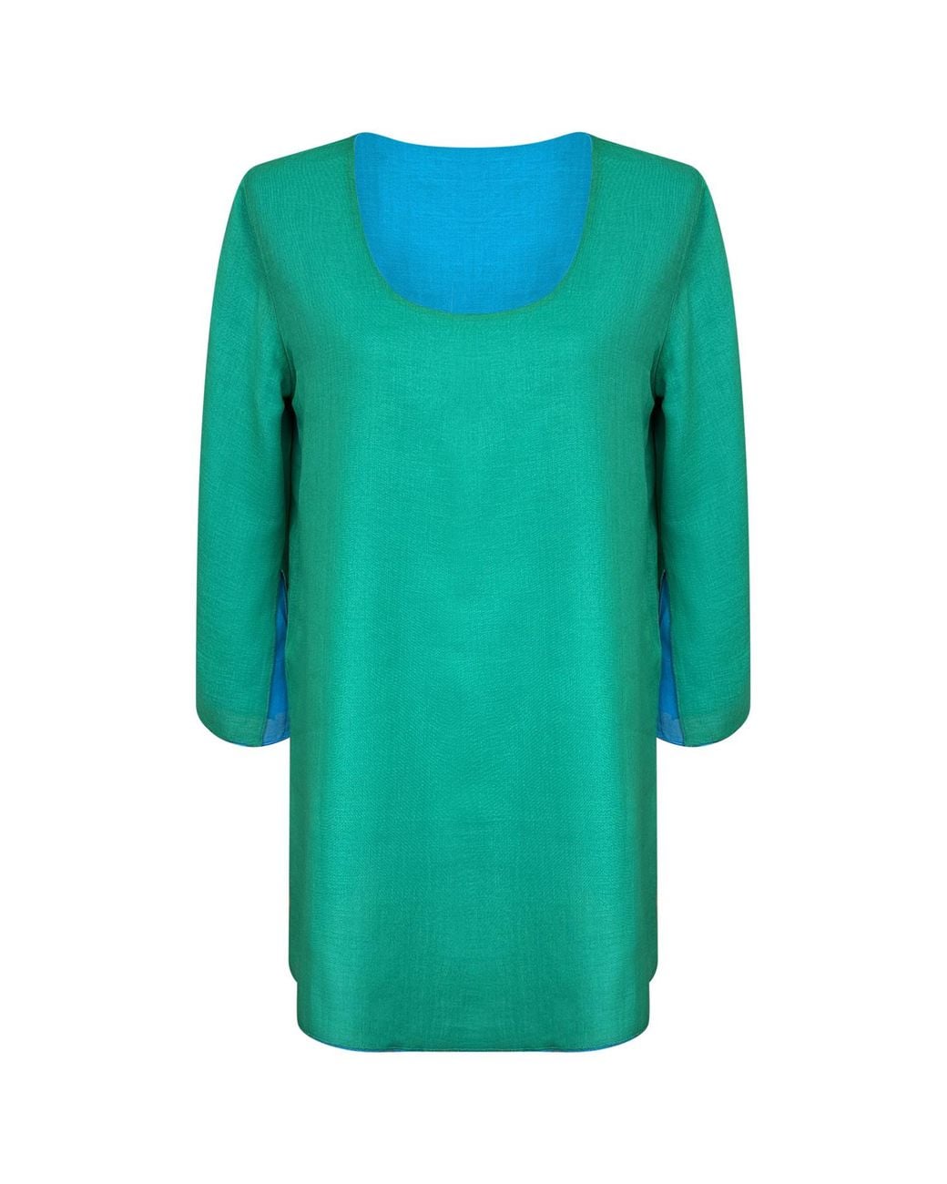 Perlavera Blue Poly- Cotton Voile Reversible Tunic With Slits