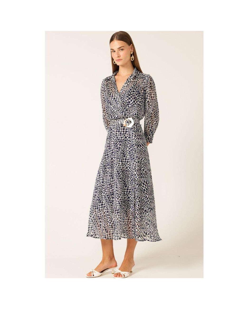 SACHA DRAKE Gray Herringbone Lurex Stripe Chiffon Midi Dress